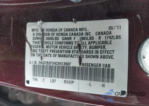 2012 Honda Civic Lx z USA, uszkodzony, nr VIN 2HGFB2F54CH512607